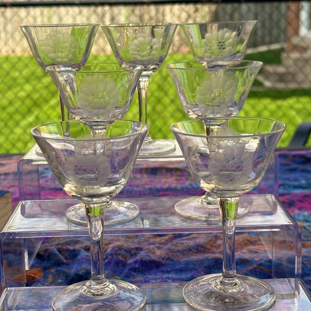 7 Libby Windswept Pattern Etched Liqueur Glasses.